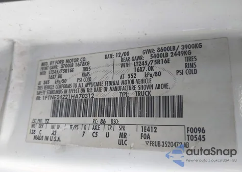 2001 Ford E-250 Commercial z USA, uszkodzony, nr VIN 1FTNE24221HA70312